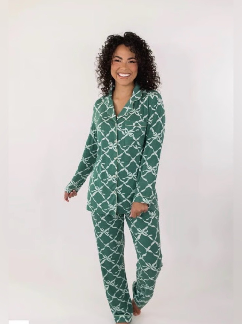 In My Sundays Pajama Set Womens M Evergreen Bows Tencel Modal Green Coquette